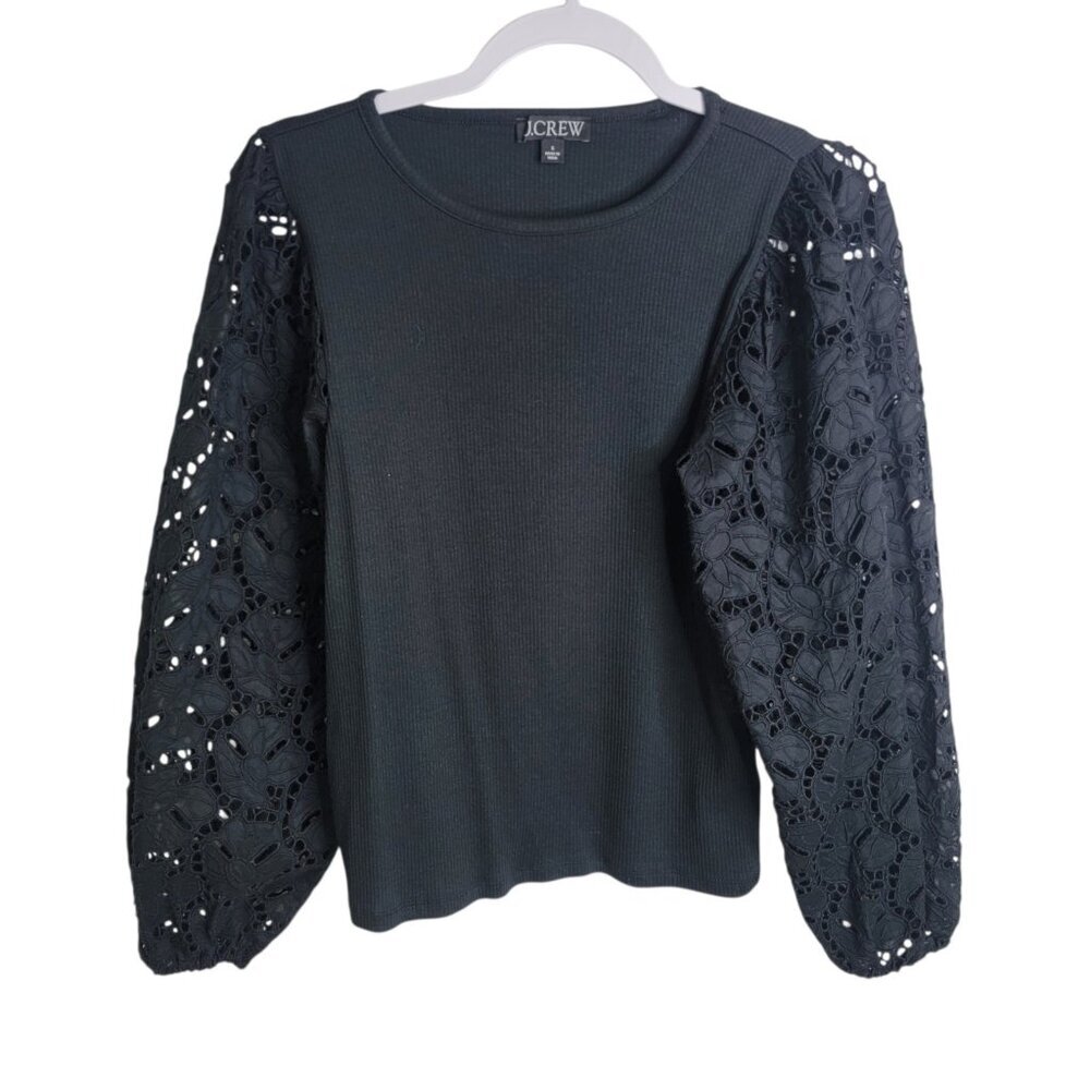 J Crew Lace Sleeve Top Black Size Small CD270 Sheer Whimsygoth Preppy Career